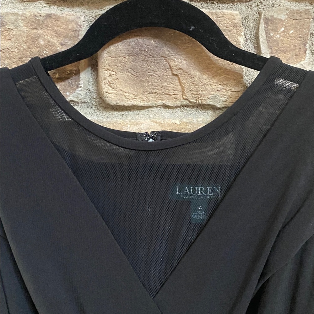 NWT Lauren Ralph Lauren Classic Black Dress with mesh draped neckline. Size 14 - Picture 3 of 13